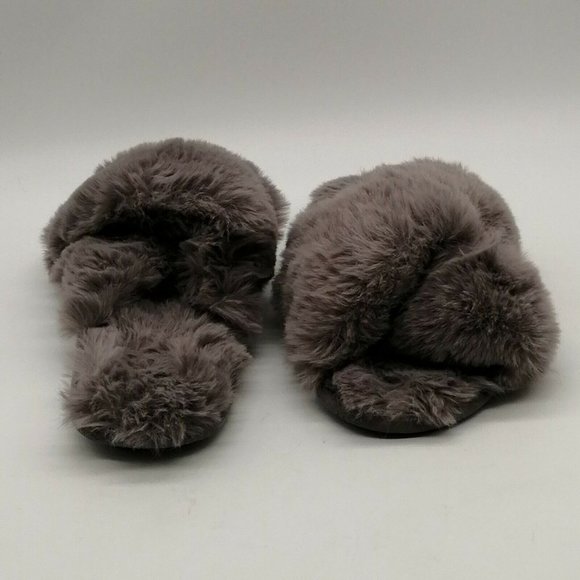 Loft Womens Flat Heel Slide Slipper Cushioned Grey Faux Fur Sz M 7-8 - Picture 3 of 9